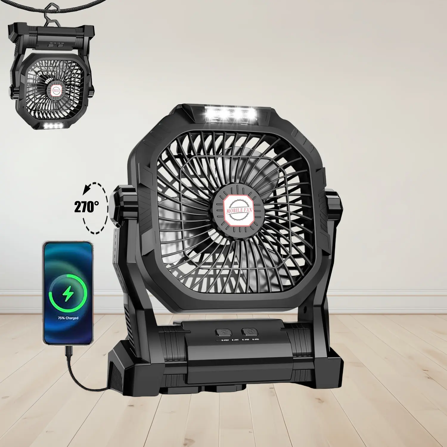 Portable Rechargeable Cordless Camping Fan - 20000mAh Battery Powered Multifunctional Outdoor Travel Fan with LED Lantern, Hang Hook, 4 Speeds, 3 Adjustable Lights, Quiet for Stay Cool During Picnic, Barbecue, Portable Fans Rechargeable, Multifunctional F