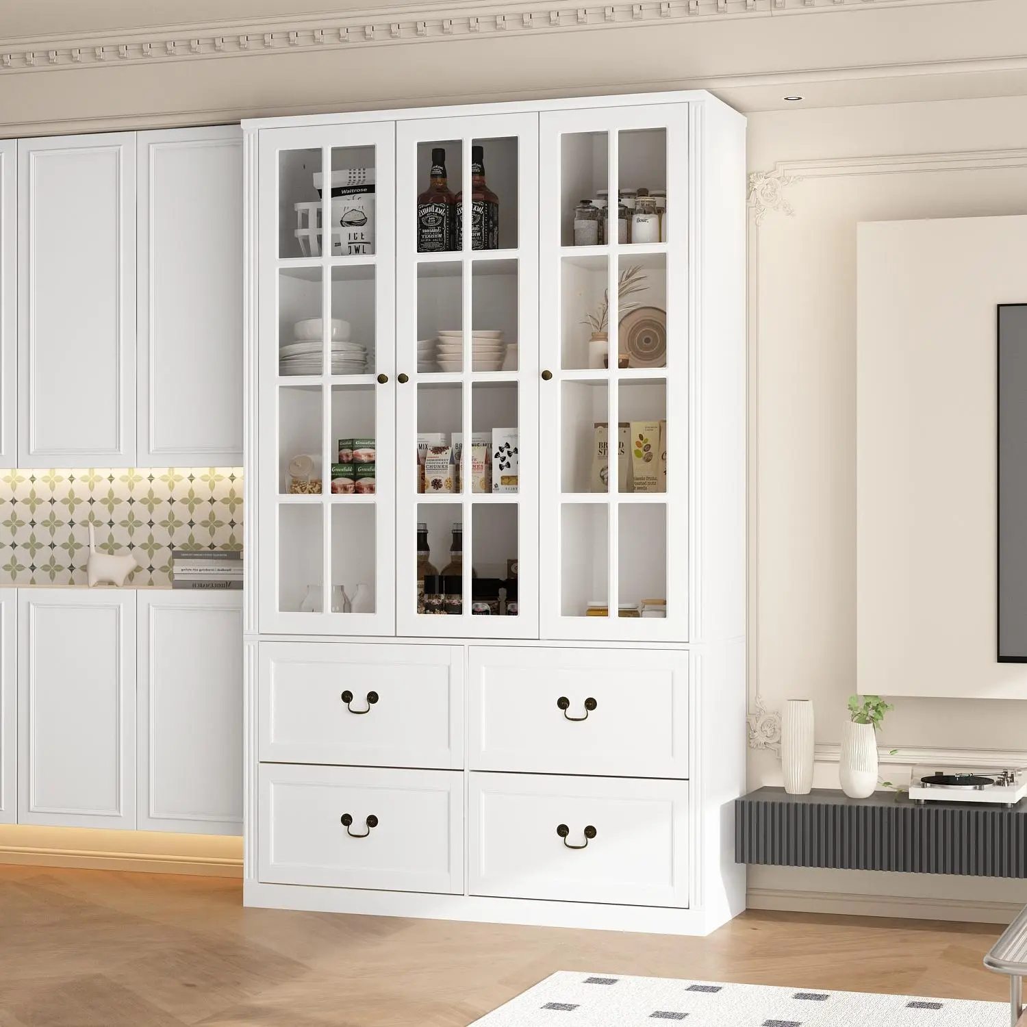 FUFU&GAGA Large Space-Saving Kitchen Display Cabinet, Modern Classic Modern Home Decor Furniture with 4 Drawers, Glass Doors, Adjustable Shelves (47.2”W x 15.7”D x 78.7”H) for Pantry Organization