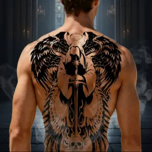 Eastern Enigma Full-Back Temporary Tattoo 18.9 x 13.39-inch Hyper-Realistic Archangel of Judgment Design for Man and Woman
