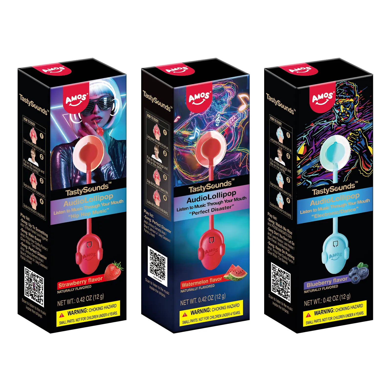 Amos TastySounds Music Lollipops Sugar-Free Audio Candies with Bone Conduction Tech Strawberry Blueberry Watermelon Snack Perfect Party Favor