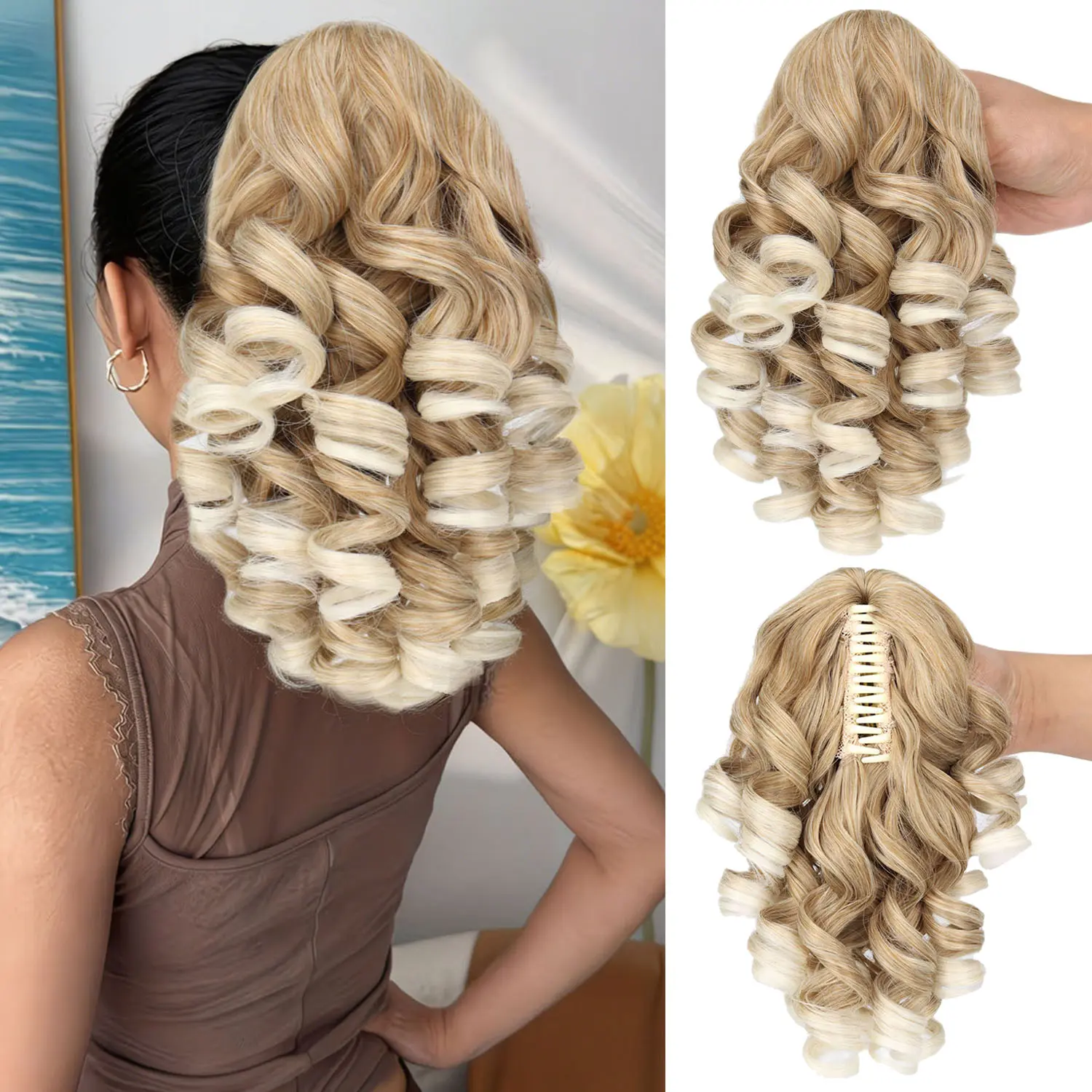 14 Inch Synthetic High Temperature Fiber Claw Clip Ponytail Extensions, Loose Spring Curly Ombre Blonde Hair Ponytail, Easy Install Clip In Hairpiece For Women