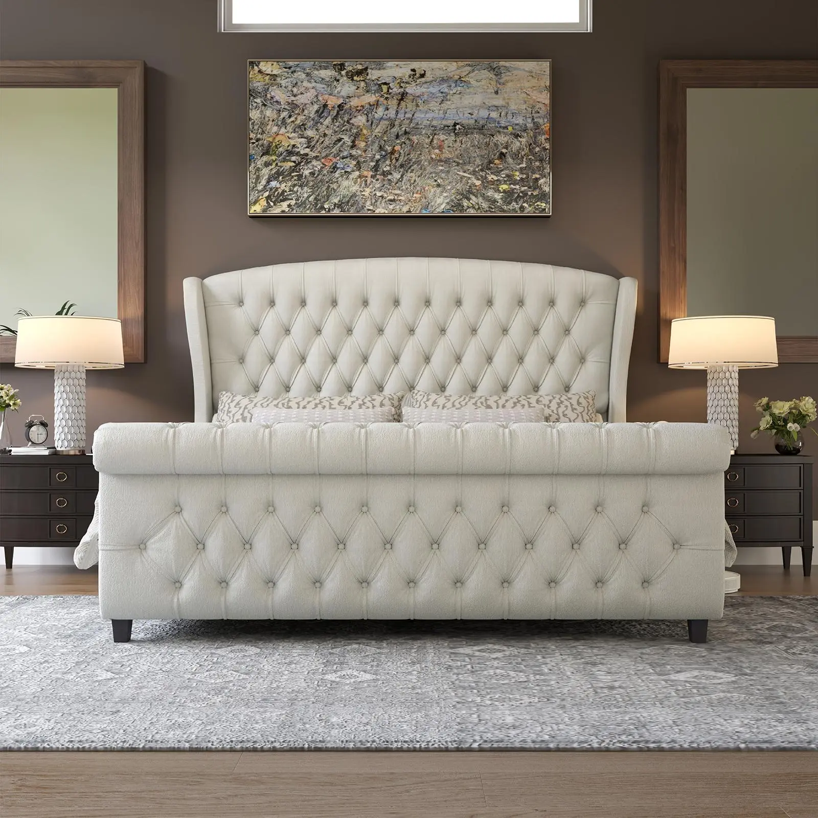 AMERLIFE  Platform Bed Frame, Velvet Upholstered Sleigh Bed with Scroll Wingback Headboard & Footboard/Button Tufted/No Box Spring Required/Easy Assembly,Best Gift Ideas/Christmas Gifts