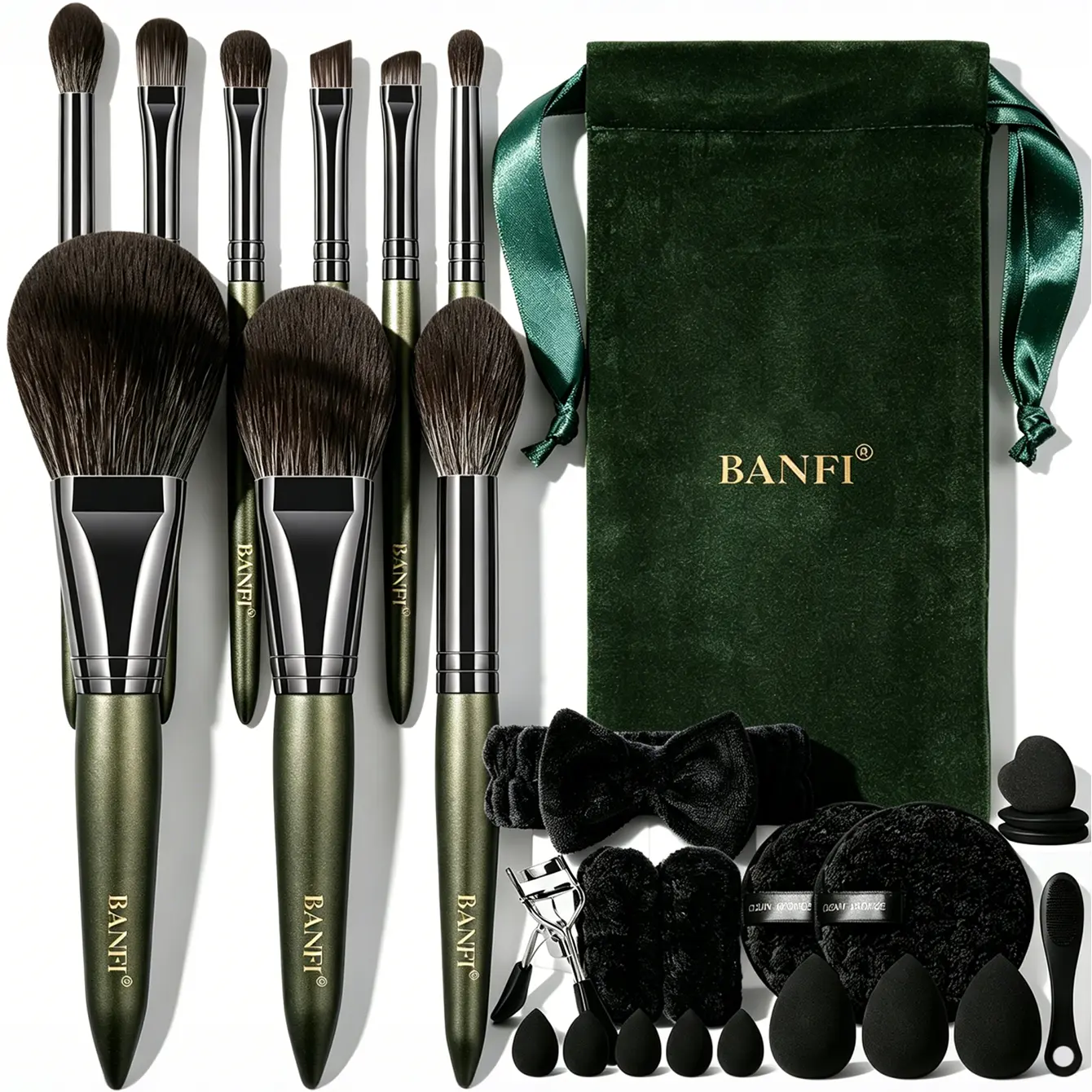 Dark Olive Green Handle All-In-1 Vintage Makeup Brush & Tool Set - Fluffy Powder Blending Brushes, Beauty Sponges, Round Clean Sponges, Plush Bow Hairband, Wristbands, Eyelash Curler, Mini Cleaner, Green Velvet Drawstring Pouch for Daily & Travel Use