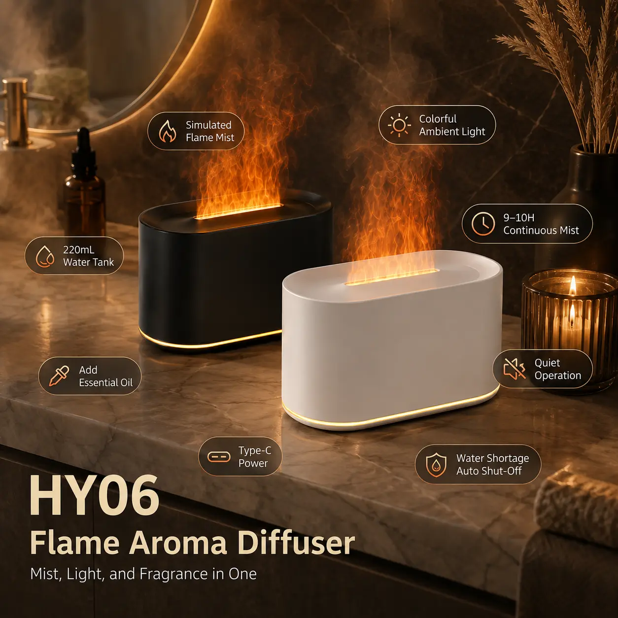 Flame Mist Essential Oil Diffuser with 7-Color LED Light, USB Powered Aroma Humidifier, Compact Cool Mist Diffuser for Bedroom, Office & Desk campingessentials