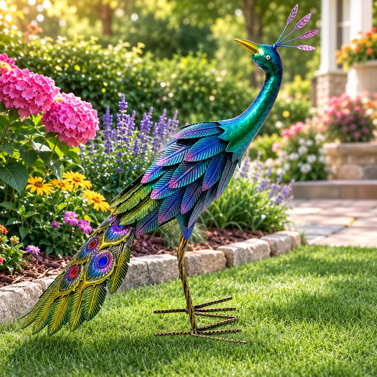 Vintage Painted Rhinestone Metal Peacock Garden Sculpture - Creative Ironwork Botanical Art Outdoor Decor for Courtyard, Lawn (Home Improvement Garden Statue)