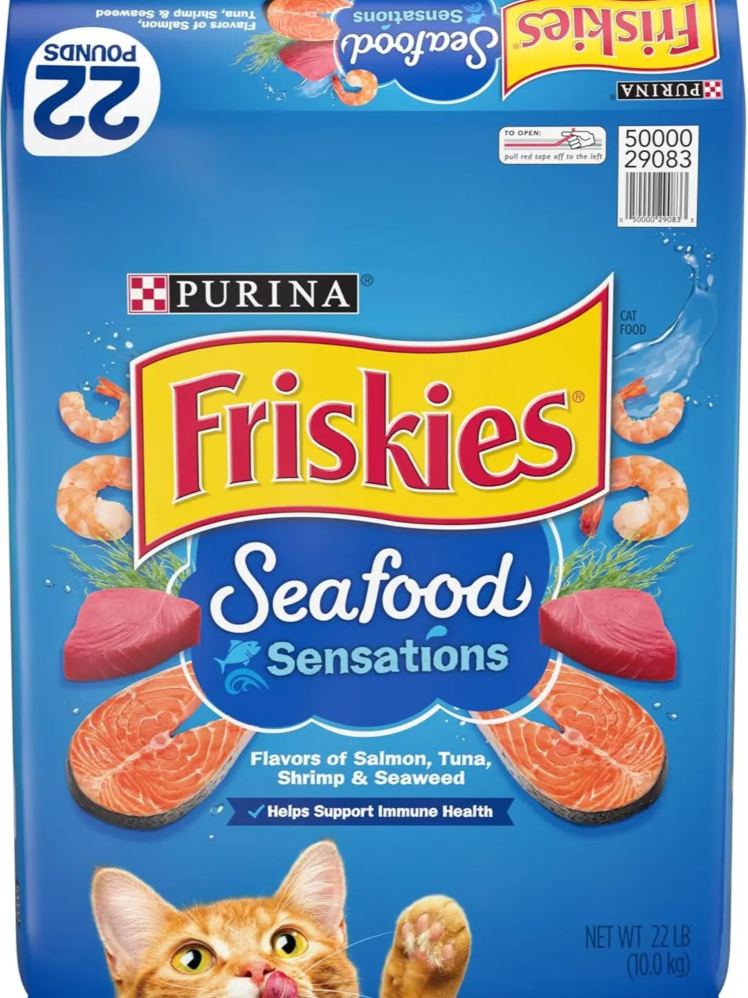 Friskies Salmon-Flavored Gluten-Free Dry Cat Food Bag, 22 lb Seafood Sensations Kibble - Protein-Rich Fish Ingredients, Supports Feeding Needs, Aids Digestion, No Preservatives, Includes Potassium Chloride, Biotin, Thiamine Mononitrate