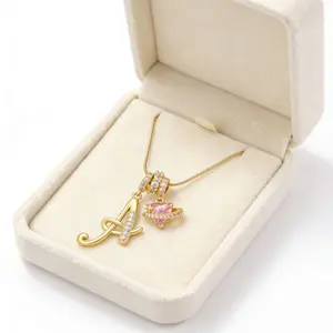 Women's CZ Initial Necklace - Pink Heart-Shaped Pendant, Snake Chain, A-Z Letter Options, Girly Gold Heart Initial Letter Chain Necklaces, Initial Necklaces