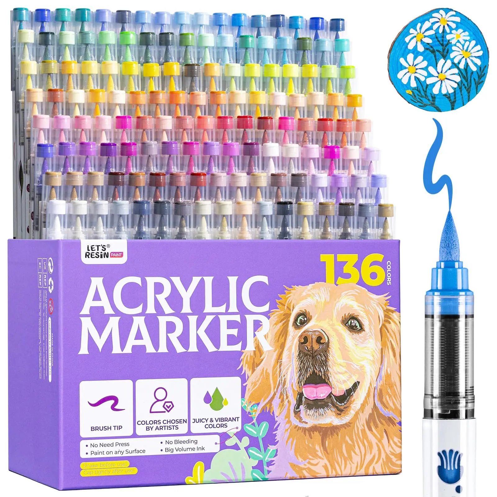 LET'S RESIN 136-Color Acrylic Paint Markers Set, Brush Tip Water-Based Direct Liquid Pens, Art Markers Set, Creative Craft Kit, Crafting Kit for Canvas Coloring & Drawing Art Supplies
