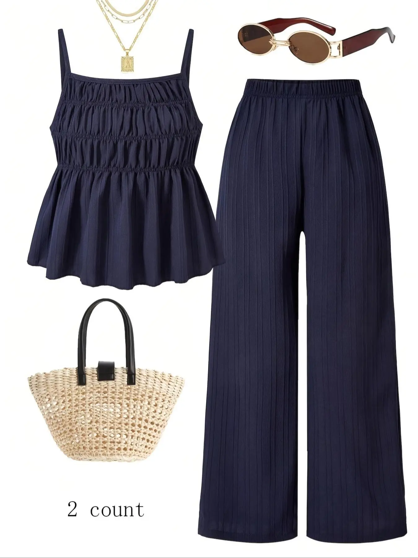 Summer Women's Casual Set Womenswear, Chic Elegant Style Striped Navy Blue Halter Top with Wide Leg Pants, Perfect for Vacation and Sister Matching Outfits