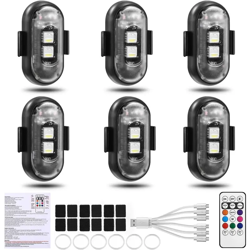 6pcs ABS Universal Summer LED Strobe Light Modules - Remote Control, Adhesive Mount, Waterproof, Safety Alert Anti-Collision Car Auto Decorative Accessories for Cars, Drones