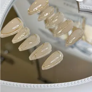 Golden Boundary Long Almond Hand Painted Press On Nails