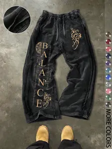 Men's Casual Loose Cotton Sport Pants, Trendy Letter Vintage Print, Drawstring Waist, Ankle Length, Perfect for Daily Wear & Holidays