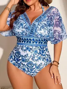 Plus Size Porcelain Pattern One-Piece Swimsuit - Blue & White, Summer Beach