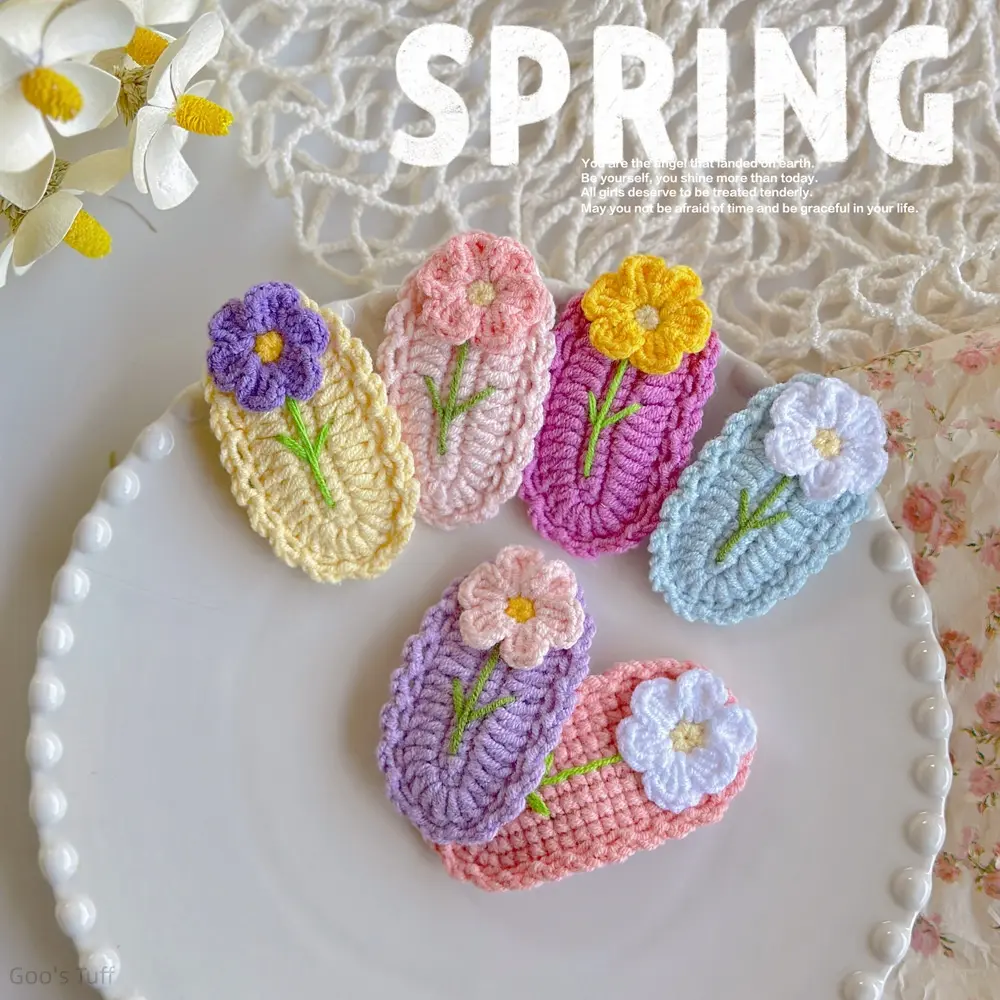 Hand Crochet Egg Flower Barrettes, Handmade Knit Hair Clips, Cute Teen Accessories for Daily/Party Use, Girls’ Gift Side Pins