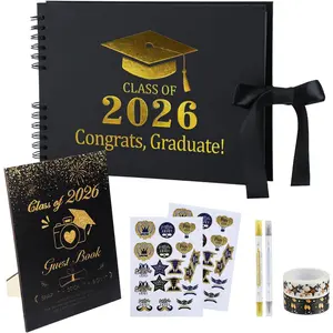 Class of 2026 Graduation Guest Book Scrapbook Set - 80-Page Signature Photo Album (10.2in x 7.8in), Dual-Tip Markers & Tape (2 Rolls), Stickers, Wooden Sign for Graduates, Party Favor Gift