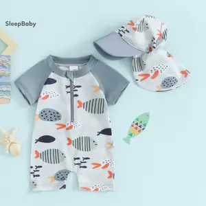 Baby Boys 2-Piece Swimsuit Set, Toddler Swim Shirt with Cartoon Fish Print, Short Sleeve Rash Guard, Front Zipper & Swimming Hat