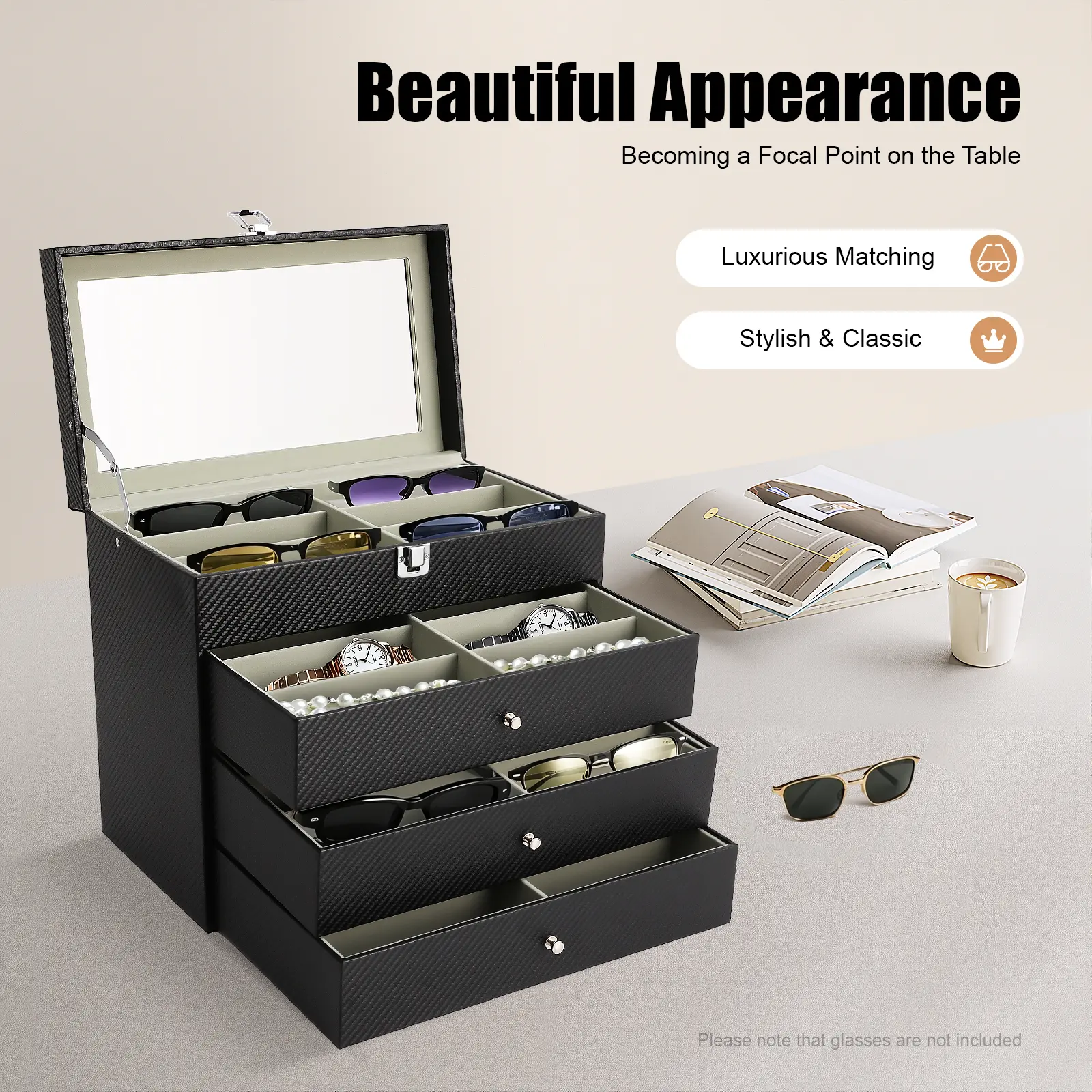 24 Slot Glasses Display Case, Faux Leather Sunglasses Organizer Box with Glass Top, Lockable Drawer, Vintage Jewelry Watch Storage, Black