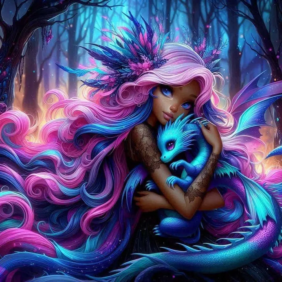 1pcs 5D DIY diamond painting kit, 5D diamond art set, Handcraft, DIY home decor, Dreamy Forest, colorful long hair, little blue dragon, Full round diamond, mosaic, diamond art, suitable for Halloween and Christmas