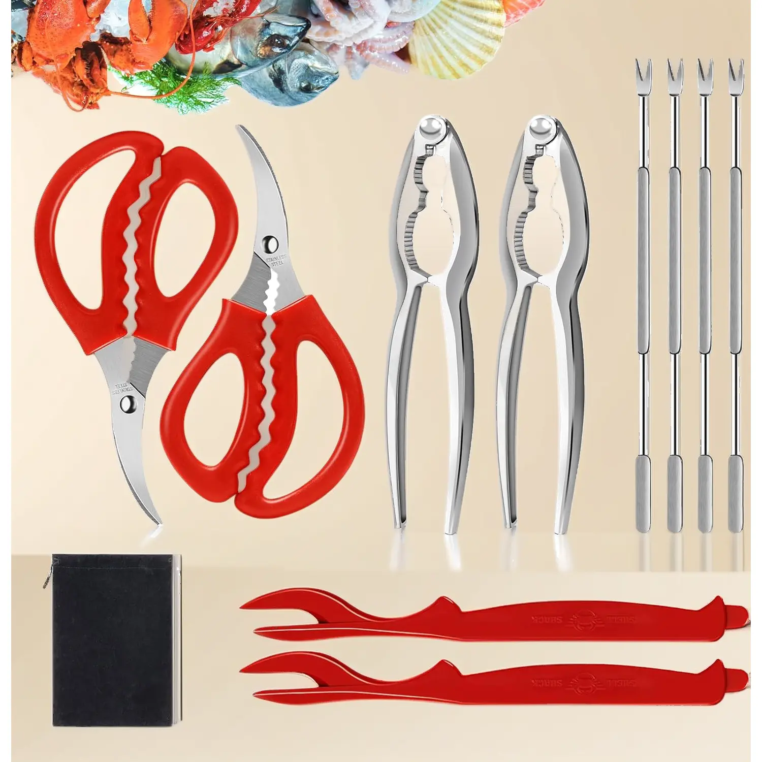 10 Pcs Complete Seafood Tools Set Stainless Steel Crab Lobster Crackers Forks Picks Shellers and Scissors Nut Cracker for Crab Legs Shellfish