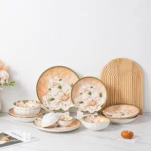 8-piece ceramic dinnerware set, Western style, suitable for 2 people, with camellia flower design, includes steak plate, salad bowl, plates, microwave safe, machine washable, Dinnerware Service Set