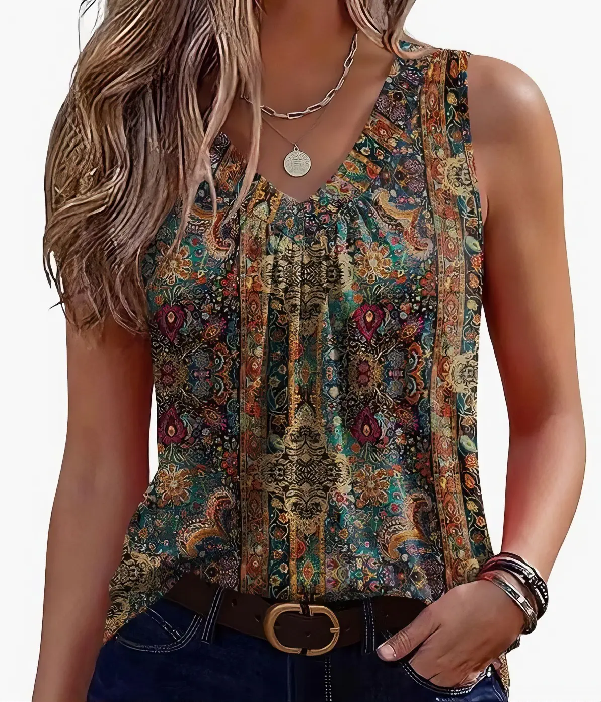 Women's Paisley Print Back Smock Tank Top - Brown, Sleeveless, V-Neck, Mid-Length, Comfortable Fit, Chic Everyday Wear
