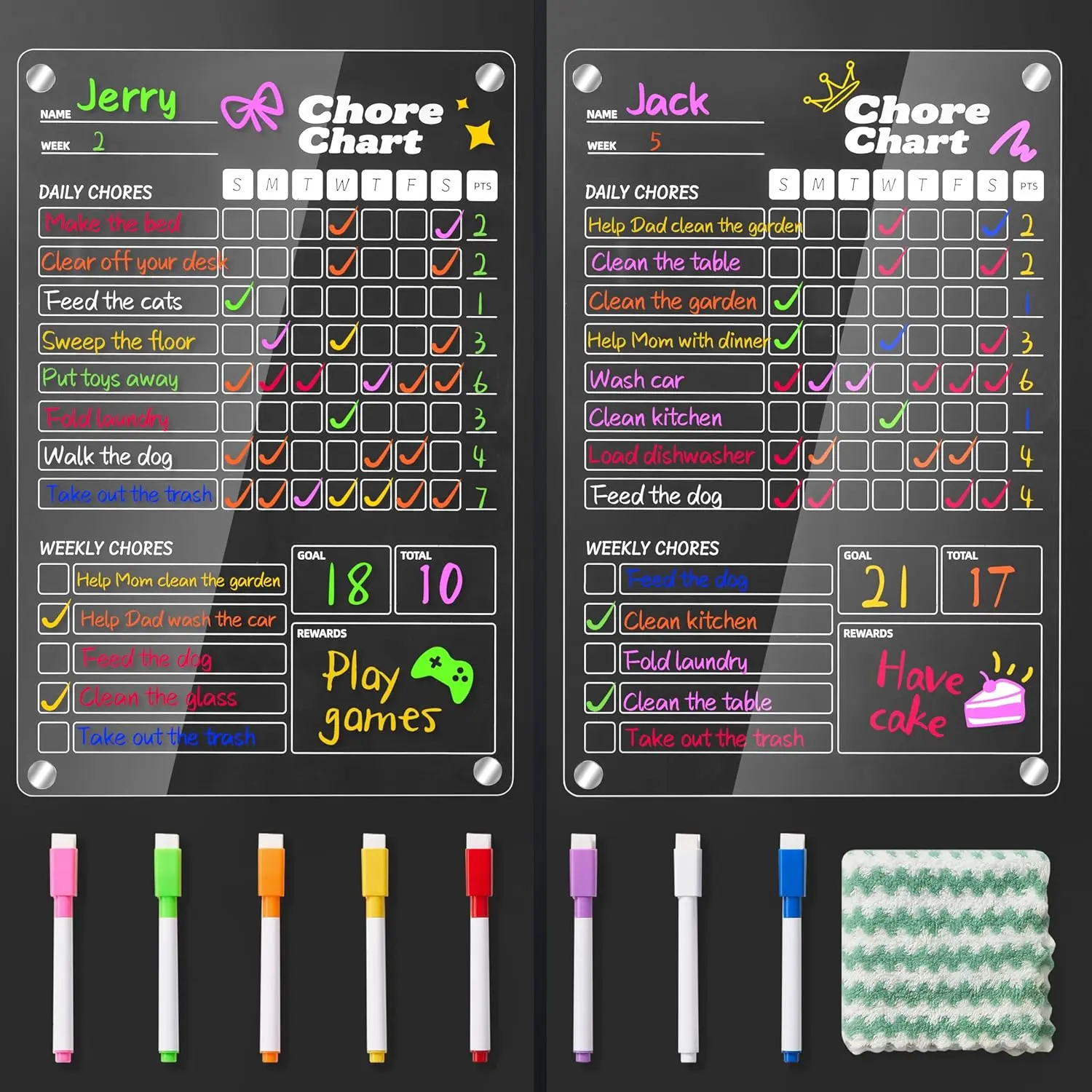 2 pcs Acrylic Magnetic Chore Chart for Kids on Fridge, Chore Board, Dry Erase Chart, Transparent Erasable Reward for Teens and Adults Checklist with 8 Markers and Towel