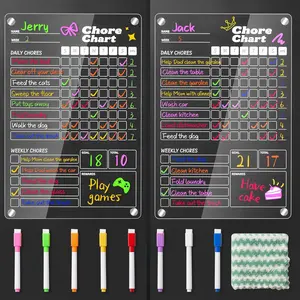 2 pcs Acrylic Magnetic Chore Chart for Kids on Fridge, Chore Board, Dry Erase Chart, Transparent Erasable Reward for Teens and Adults Checklist with 8 Markers and Towel