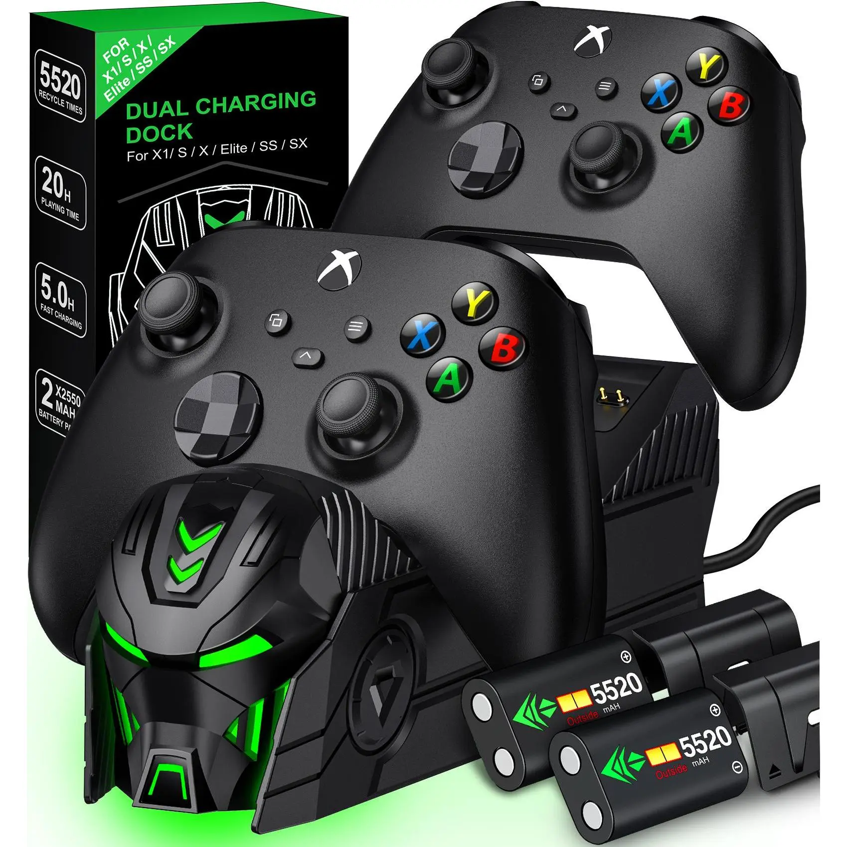 ESYWEN Rechargeable Xbox Controller Charger Station with 2x5520mWh Battery Pack for Xbox One/Xbox Series X/S Controller with 4 Covers Xbox Accessories Console Smartphone