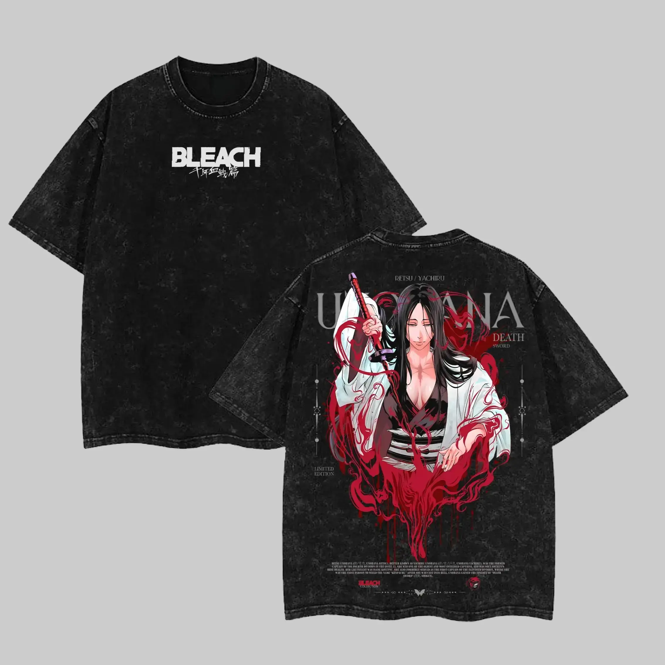 Vintage Unohana Bleach Anime Graphic Tee Unisex Oversized Washed T-Shirt First Kenpachi Heavy Cotton Streetwear Manga Top