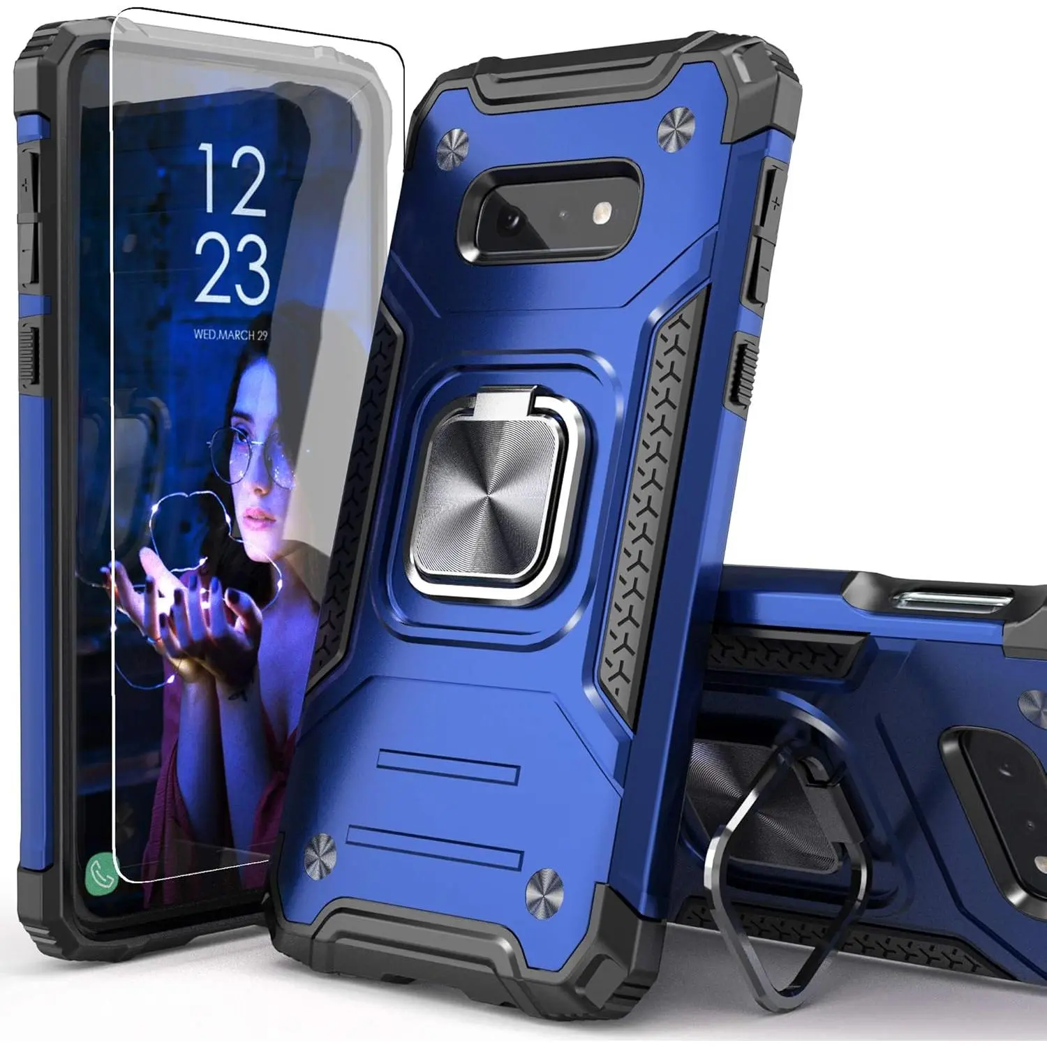 Galaxy S10E Smartphone Case with Screen Protector - Shockproof, Drop-Tested, Slim-Fit, Lightweight Protective Cover with Metal Handheld Cellphone Mount Kickstand, Blue