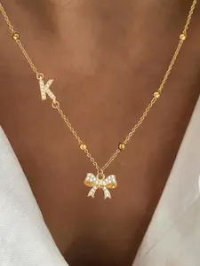 Women's Cubic Zirconia Initial Bow Pendant Necklace, Whimsical Necklace, Dainty Initial Necklaces, Stainless Steel Bead Chain, Casual Fashion Jewelry for All Seasons, Cubic Zirconia Necklaces