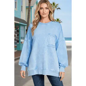 Zenana Halo Wash French Terry Front Pocket Sweatshirt