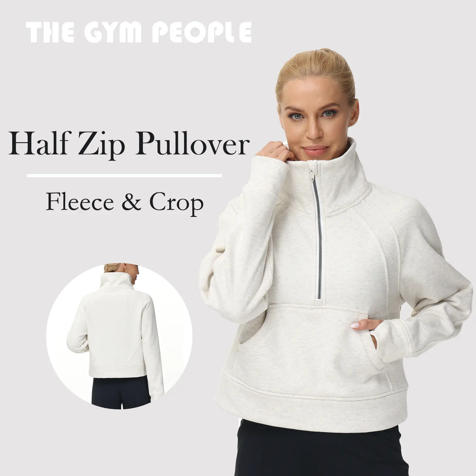 THE GYM PEOPLE Women's Fleece Pullover, Half Zip Cropped Top with Kangaroo Pocket and Thumb Holes for Gym Workouts, Active Sportswear, Cotton Blend Sweatshirt, Cropped Activewear, Fitness Casual Wear, Workout Tops, Soft Fleece Feels Cozy, Hands Stay Warm,