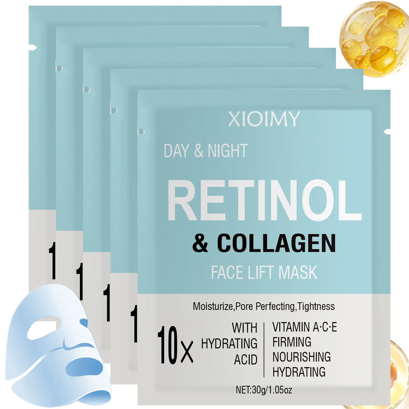 5pcs Retinol & Collagen Face Mask, Deep Moisturizing Mask, Deep Hydrating Mask, Collagen Hydration Mask, Hyaluronic Acid & Vitamins a C E, Deep Moisture, Brightening, Smooth Skin Care Treatment, Retinol Collagen Masks