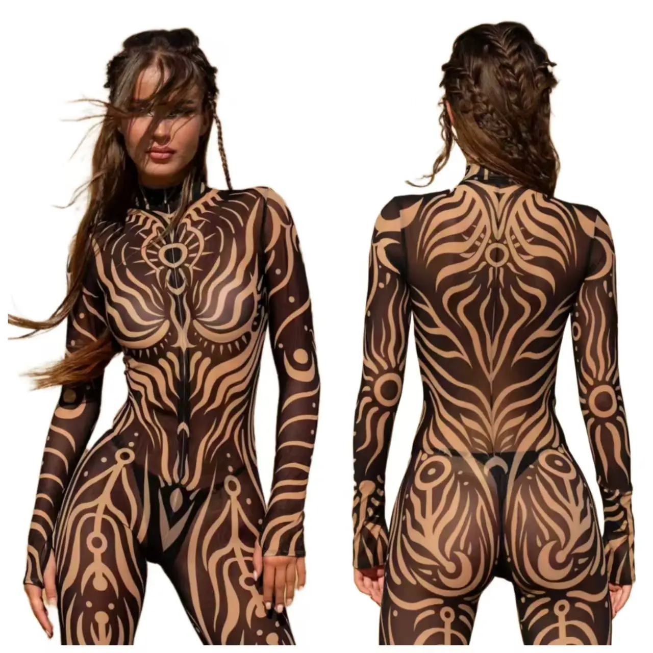 Witchy Sheer Mesh Bodysuit for Lady, Long Sleeve Zip Up with Celestial Print, Festival Halloween Cosplay Costume, Costume Use, Witchy Stuff, Women's Clothes, Festival Wear