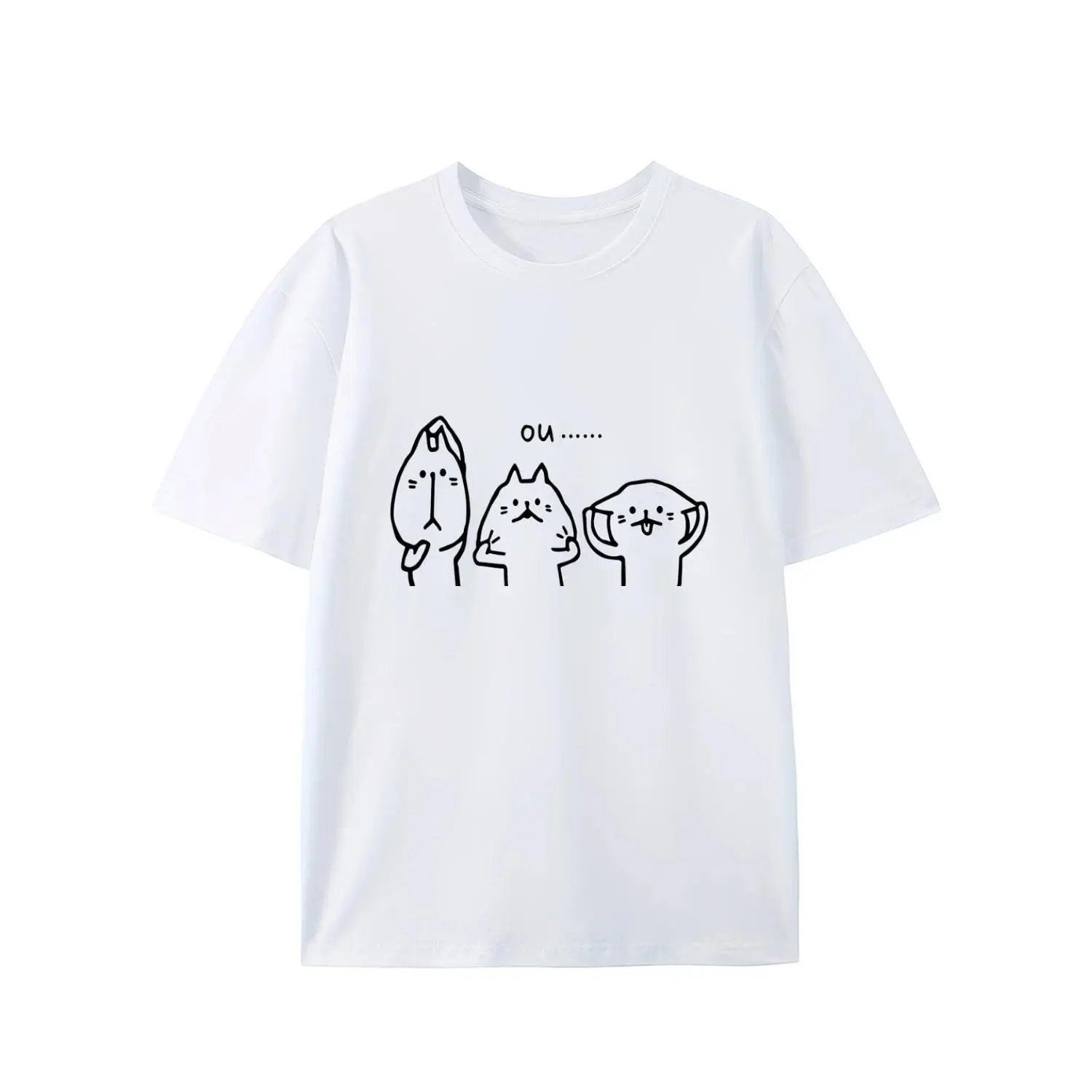 Men's Unisex Cotton T-shirt - Crew Neck, Shortsleeve, Classic Fit, Cute Cartoon Cat Minimal Line Art Design, for Casual Holiday Concerts, Available in Multiple Colors and Sizes