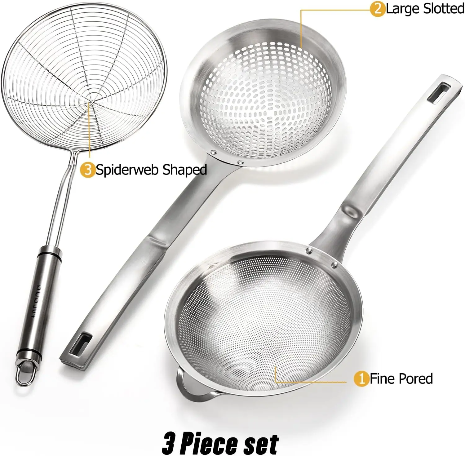 3 Pack Grease Spider Skimmer With Handle Slotted Colander Frying Spoon Fine Mesh Stainless Steel Metal With Hole Sieve Food Strainer, Handheld For Kitchen Cooking And Filter Food Residues
