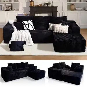 Modular Sectional Boneless Corduroy Convertible Upholstered Sofa Couches L-Shaped Couch 3 Seat Modular Sofa Memory Foam Sectional Couches for Living Room, Cloud Couch with Oversized Chaise