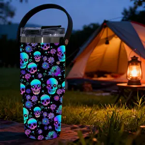 1 Pc 30 Oz Stainless Steel Thermal Mug, Vacuum Insulated Flask, Tumbler Drinkware with Handle, 2-in-1 Flip Lid with Handle, Rainbow Skull and Floral Pattern, Keep Drinks Hot 12H/ Cold 24H, Leak-Proof Cup for Picnic, Outdoor, Office, Ideal Holiday Gift