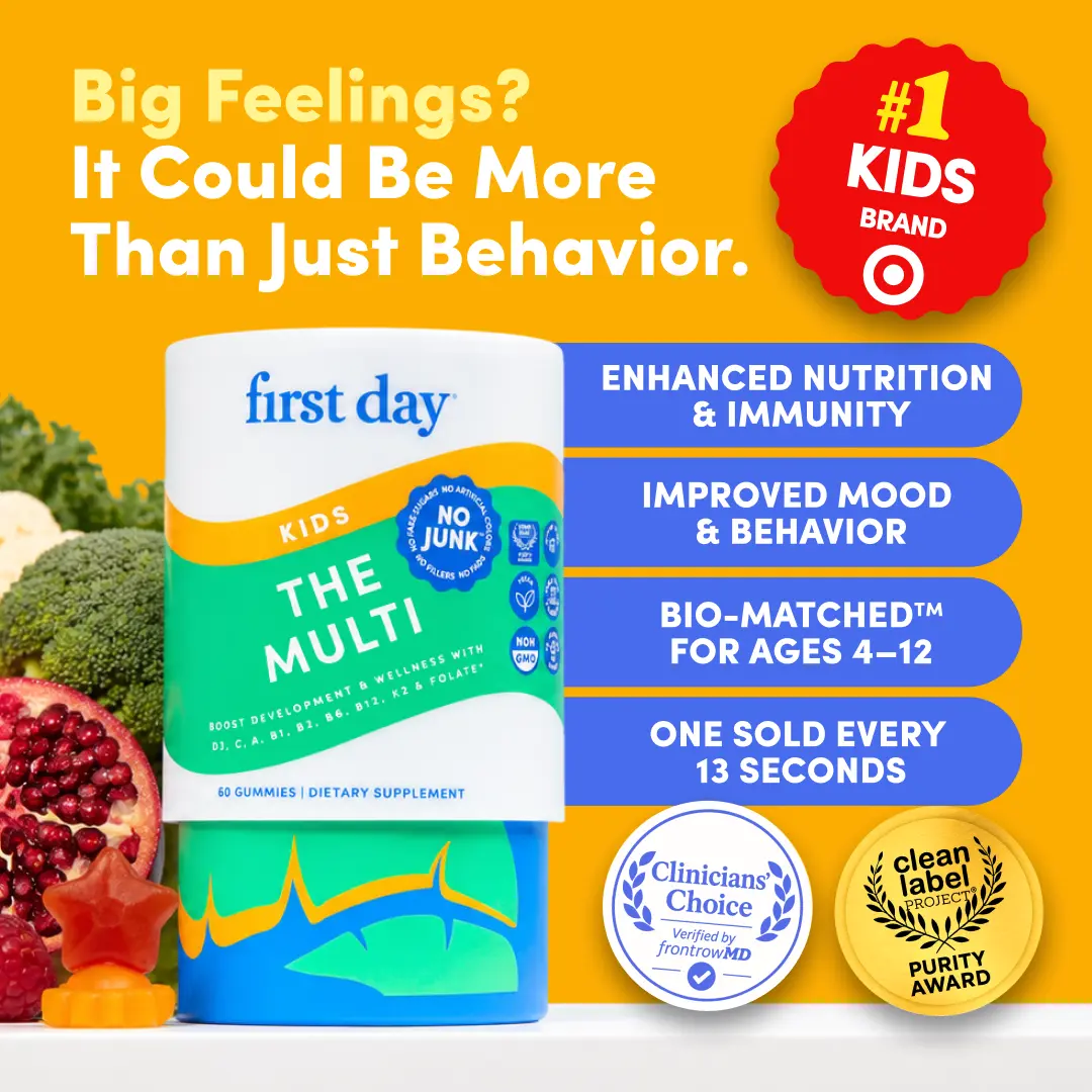 First Day Kids Multivitamin Gummies Ages 4-12, Natural Strawberry Orange Flavor - 21 Organic Superfoods, 9 Key Nutrients, Vitamin C D3 B12 Folate - Immunity, Healthy Growth, Energy, Picky Eater Approved - 30-Day Supply, Vegan, Non-GMO, No Junk Dietary