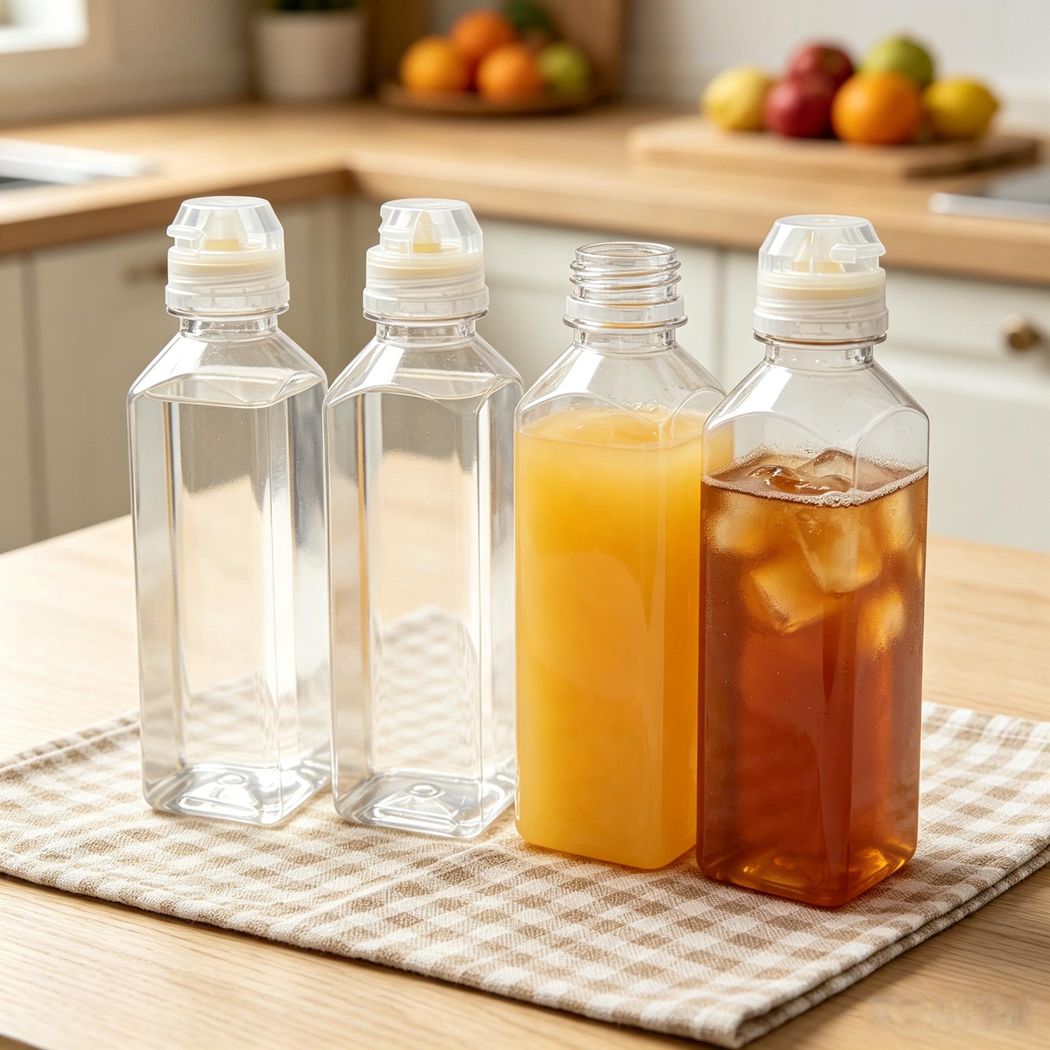 12-Pack Large-Capacity Refillable Square Plastic Storage Bottles & Canisters Set, 16oz BPA-Free with Leakproof Screw Lids, Transparent Flexible Squeeze Tubes, Silicone Spouts, Dual Canister Brush for Juicing, Homemade Drinks