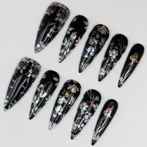 Black & Iridescent Opal Vintage Floral Press On Nails,Long Stiletto False Nails,Sophisticated Dark Romantic Nail for Vacation,Birthday,Gift, Nail Art Kit Nail Box – FASTSHIPPING