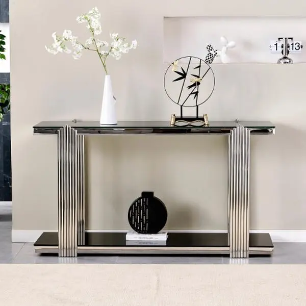 Modern Glass Console Table 55" Silver Entryway Table with Tempered Glass Top and Mirror Stainless Steel Legs,Luxury Rectangular Sofa Table for Living Room Hallway Corridor Table (Silver)