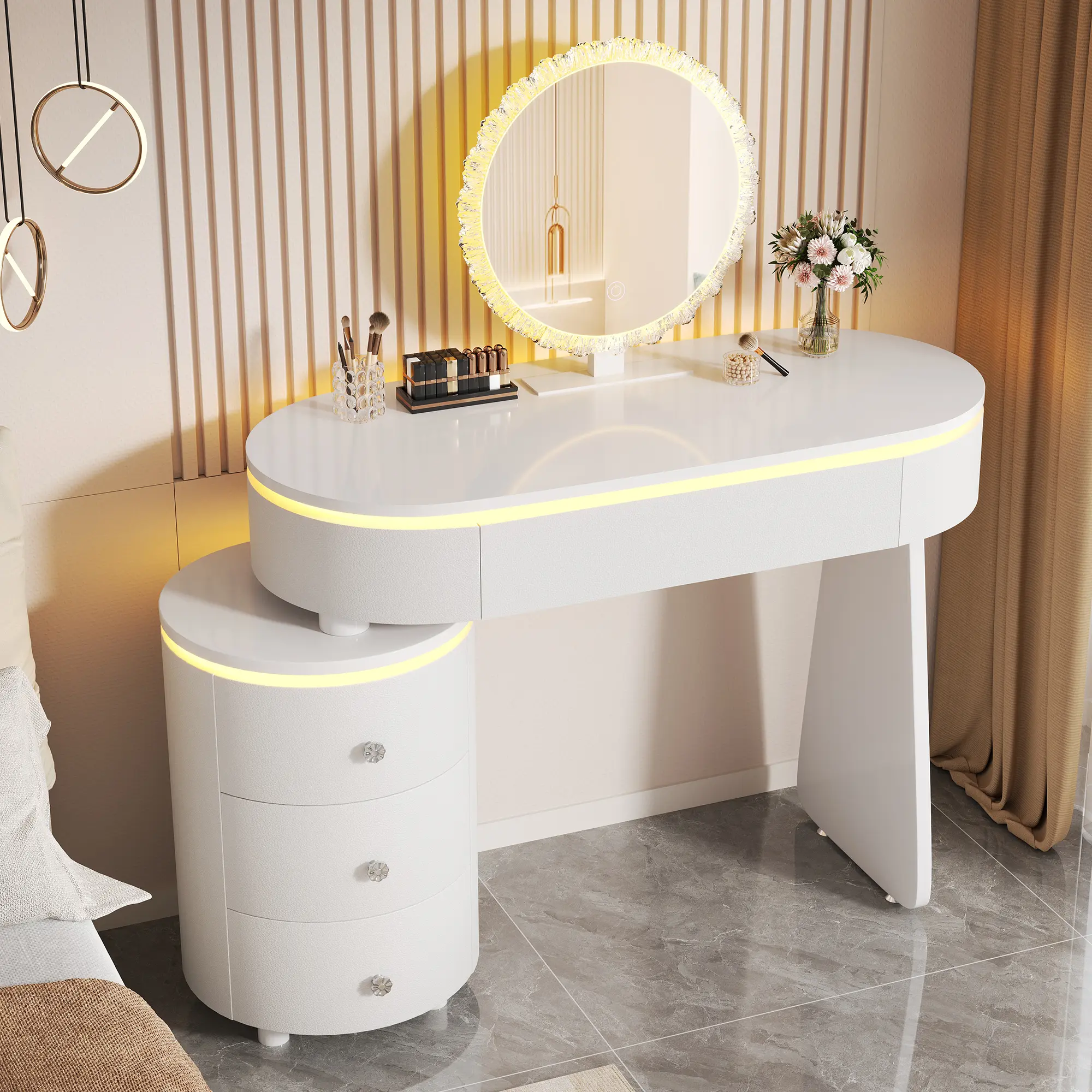 White MDF Vanity Desk with Reversible Cabinet, Adjustable Length, Detachable 3-Color LED Mirror, and Cylindrical 3-Tier Drawer, 15.75"W x 29.92"H, 61.07 lb