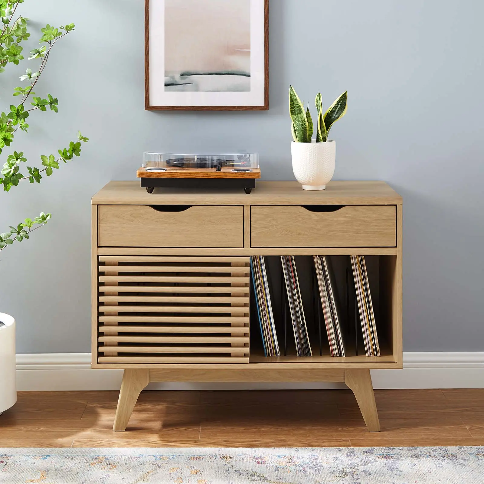 Modway Render Wood Vinyl Record Display Stand Set with Organiser, Oak Modern Living Room Drawer Cabinet with Metal Accents for Collectibles & Lounge Space Indoor Furniture