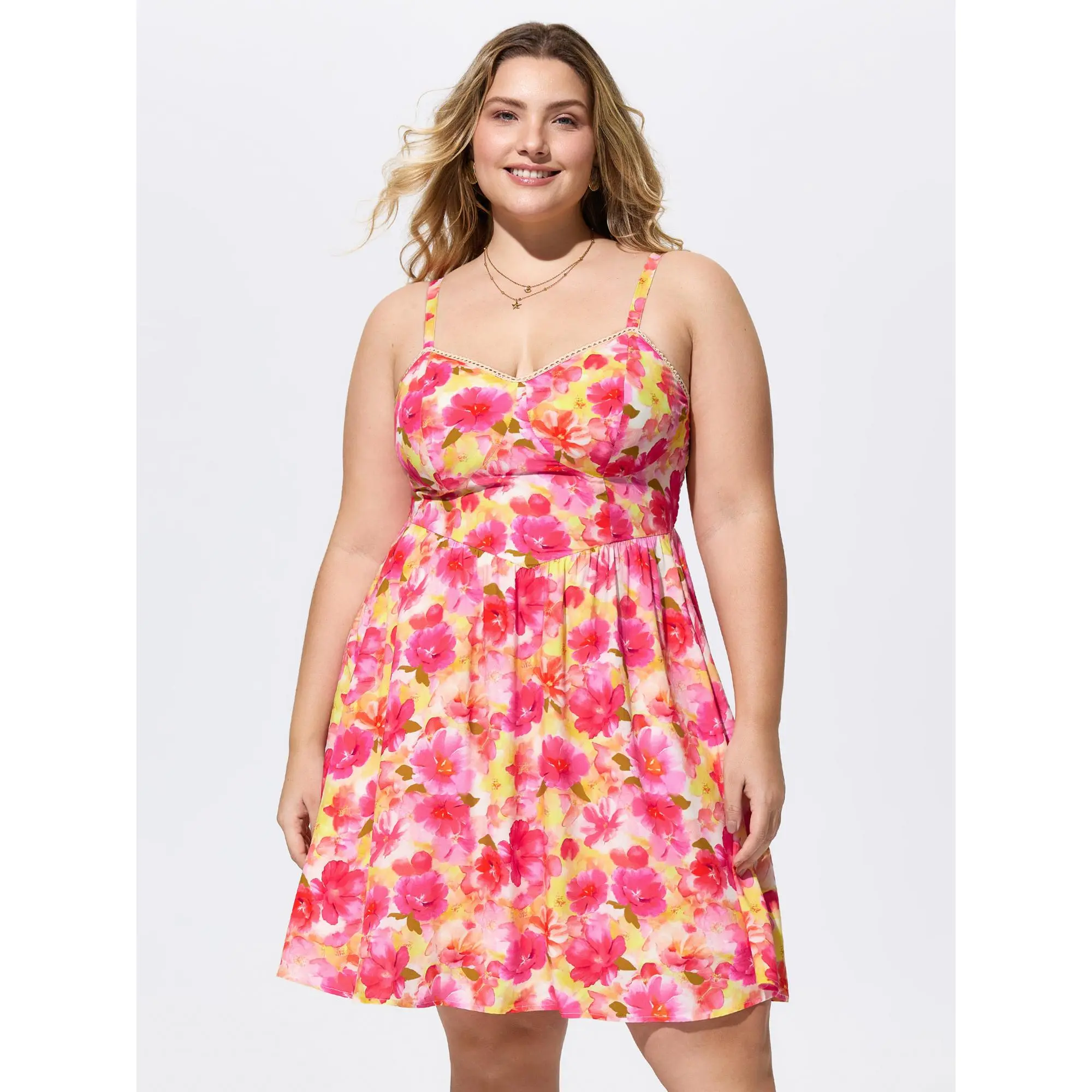 BloomChic Plus Size Women's Casual Knee-Length Sleeveless Watercolor Floral Smocked 100% Cotton Resort Dress with Lace Trim, Side Pockets, Colorblock Design, Smooth Fabric, Pull-On Style, Low Iron, Cold Wash, Do Not Tumble Dry, Curvy Clothing