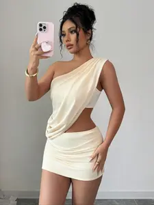 Women's Asymmetric One-Shoulder Top & High Waist Pleated Mini Skirt Set, Stylish Casual, Perfect for Spring & Fall, Outfit, Womenswear Asymmetrical