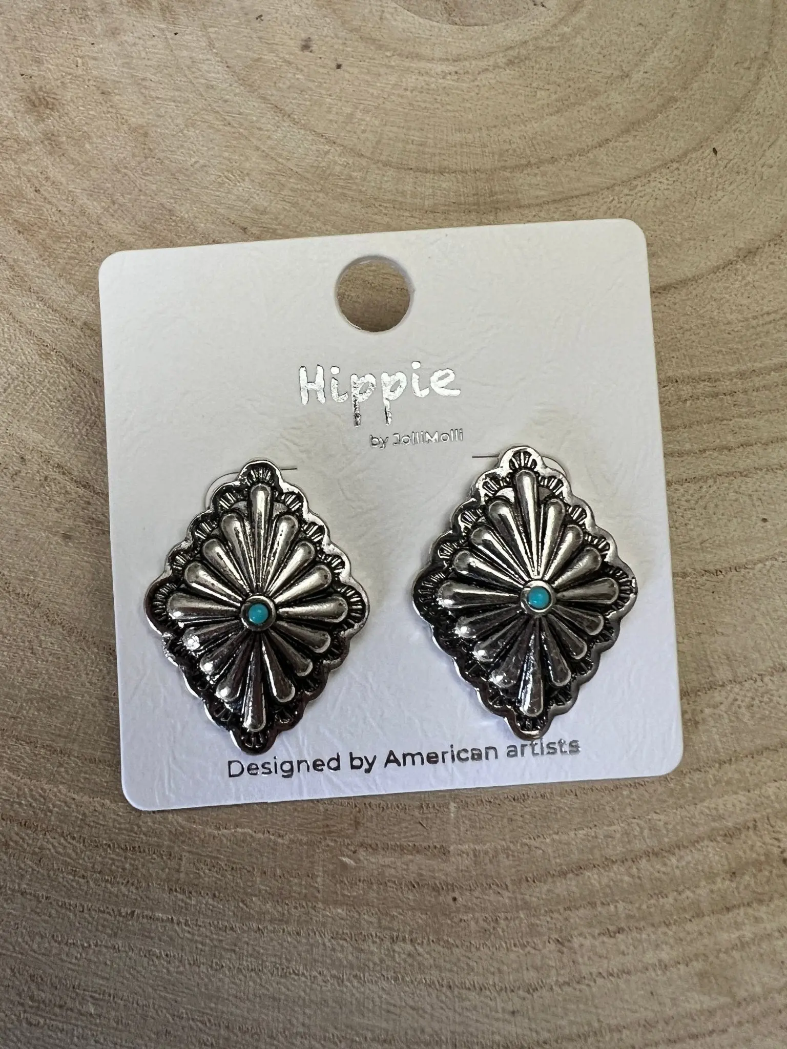 Everyday Western Earrings Jewelry - Silver Faux Turquoise Diamond Concho Post Earrings, Statement Style - 0.75in Drop