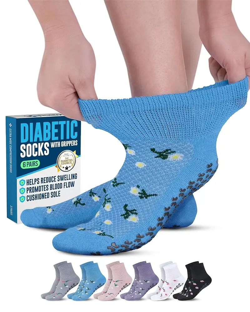 Doctor's Select Non Slip Diabetic Socks for Women & Men | 6 Pairs | Smooth Toe Seams & Grippers | Colors: White, Purple, Gray, Peach, Black, Blue
