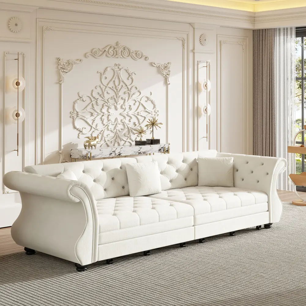 97.6" Oversize Chesterfield Tufted Sofa Bed - Classic Roll Arm Velvet Upholstered Sofa, Flower Tufting, High Resiliency Reversible Pull-Out Sleeper Couch for Living Room, Bedroom | summerwins Modern Sofa